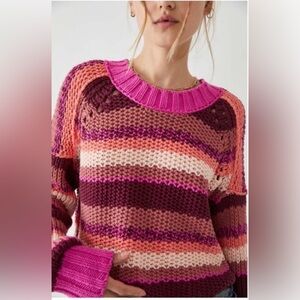 Free People Devon Stripe Crop Sweater in a Fuschia Rose Combo color